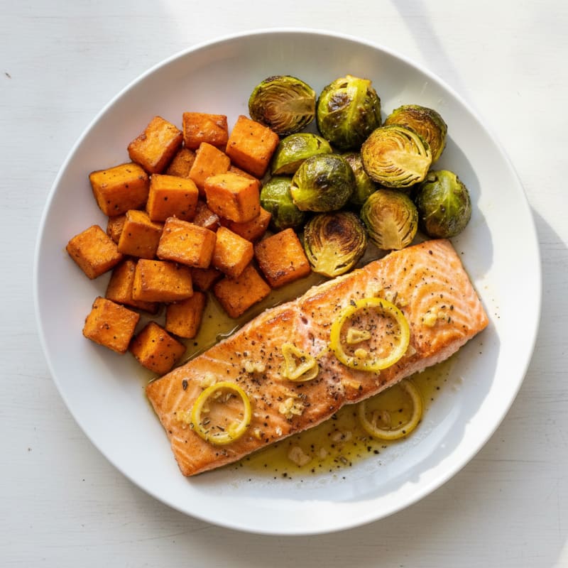Garlic Salmon with Roasted Sweet Potatoes and Brussels Sprouts