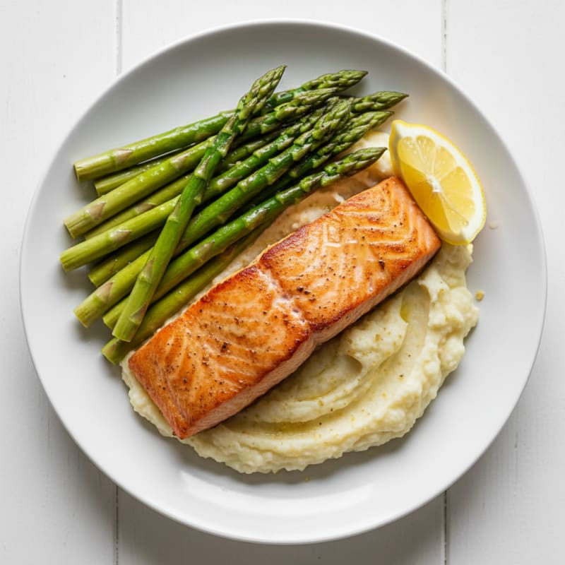 Seared Salmon with Steamed Asparagus and Cauliflower Mash