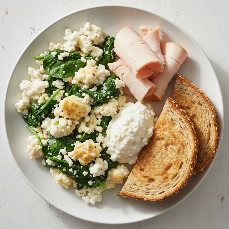 Egg White and Spinach Scramble with Cottage Cheese and Sliced Turkey