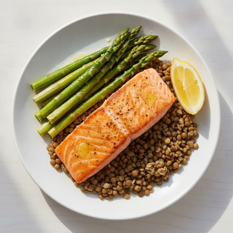 Seared Salmon with Steamed Asparagus and Lentils