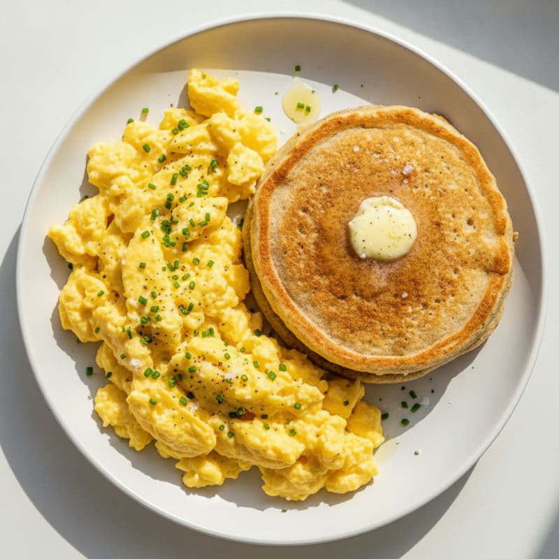 Protein-Packed Fluffy Scrambled Eggs and Oat Flour Pancake