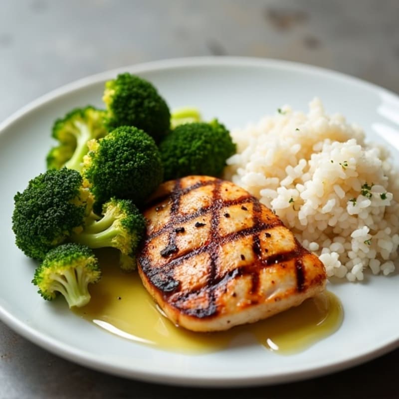 Grilled Chicken Breast with Steamed Rice and Roasted Broccoli