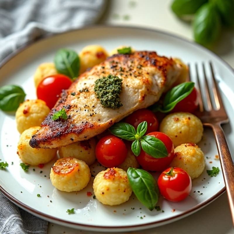 Sheet Pan Chicken and Crispy Gnocchi with Fresh Basil Pesto and Roasted Cherry Tomatoes
