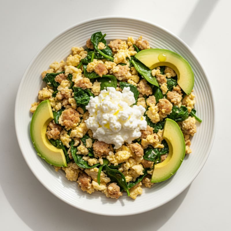 Egg White and Turkey Sausage Scramble with Cottage Cheese and Spinach