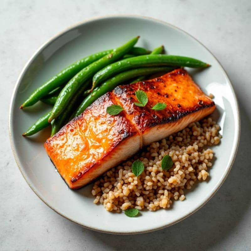 Seared Salmon with Steamed Green Beans and Brown Rice