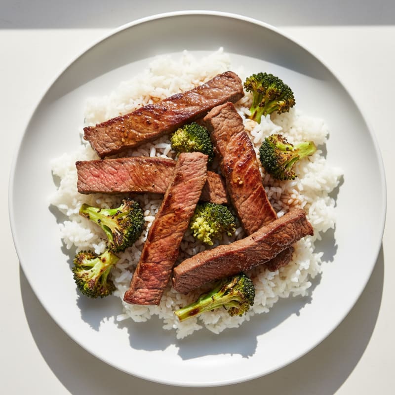 Seared Beef Strips with Steamed Rice and Roasted Broccoli