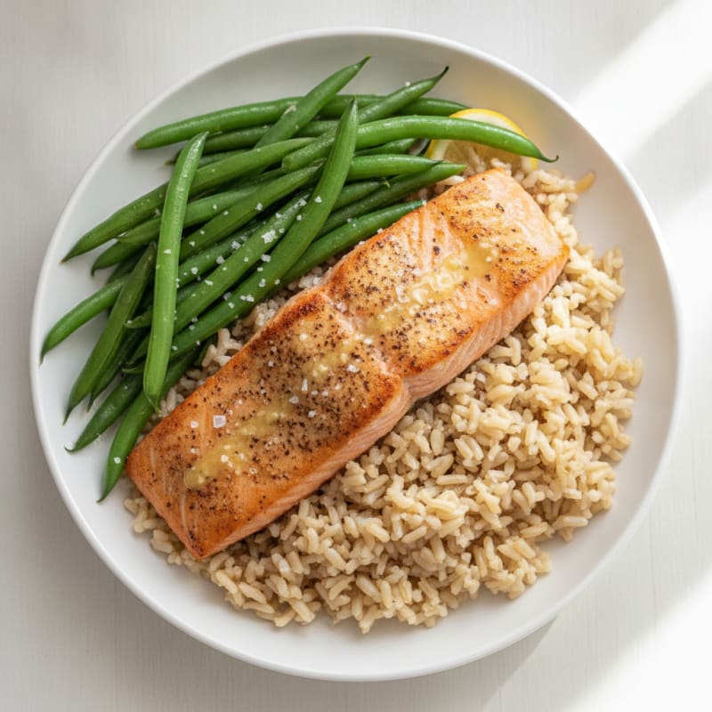 Seared Salmon Fillet with Steamed Green Beans and Brown Rice