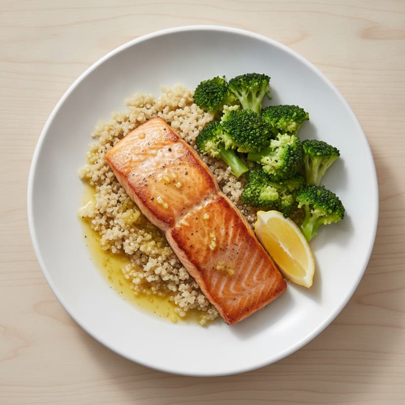 Seared Salmon with Steamed Broccoli and Quinoa