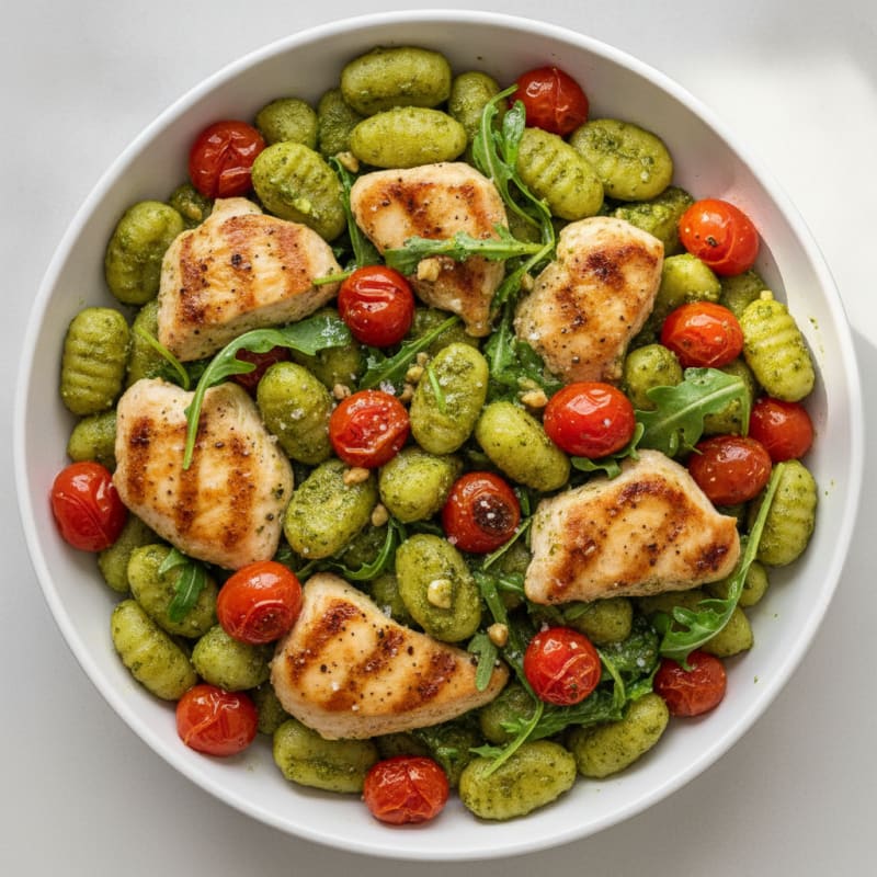 Gnocchi with Arugula Pesto and Cherry Tomatoes