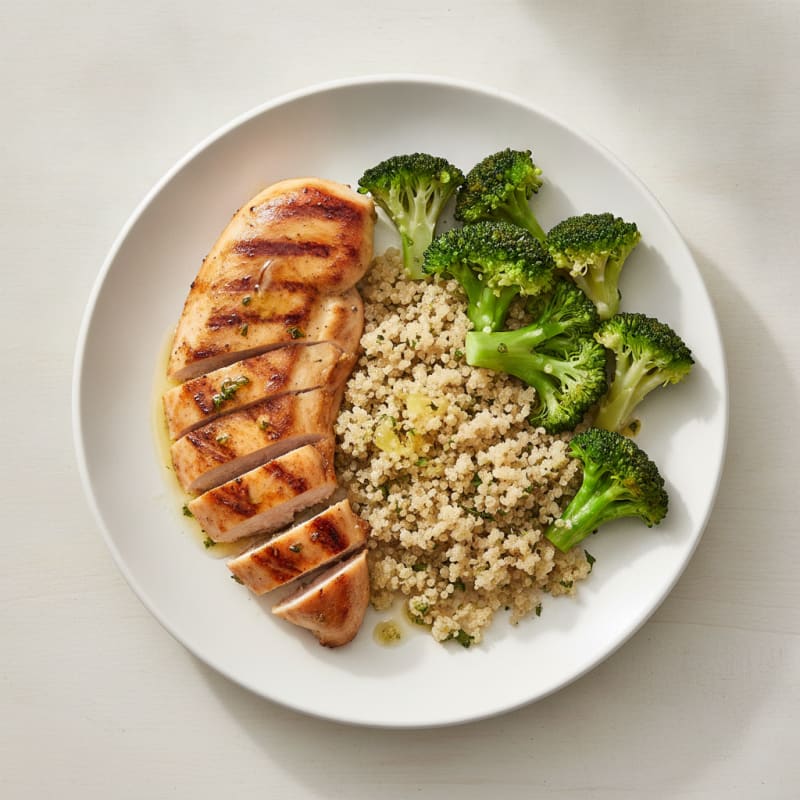 Grilled Chicken Breast with Steamed Broccoli and Quinoa