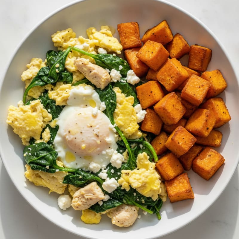 Spinach and Feta Scrambled Eggs with Roasted Sweet Potatoes