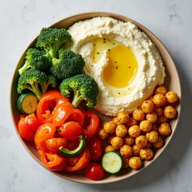 Crispy Vegetable and Chickpea Platter with Creamy Lemon-Herb Hummus