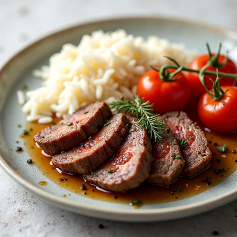 Herb-Spiced Beef with Fresh Tomato and Steamed Rice