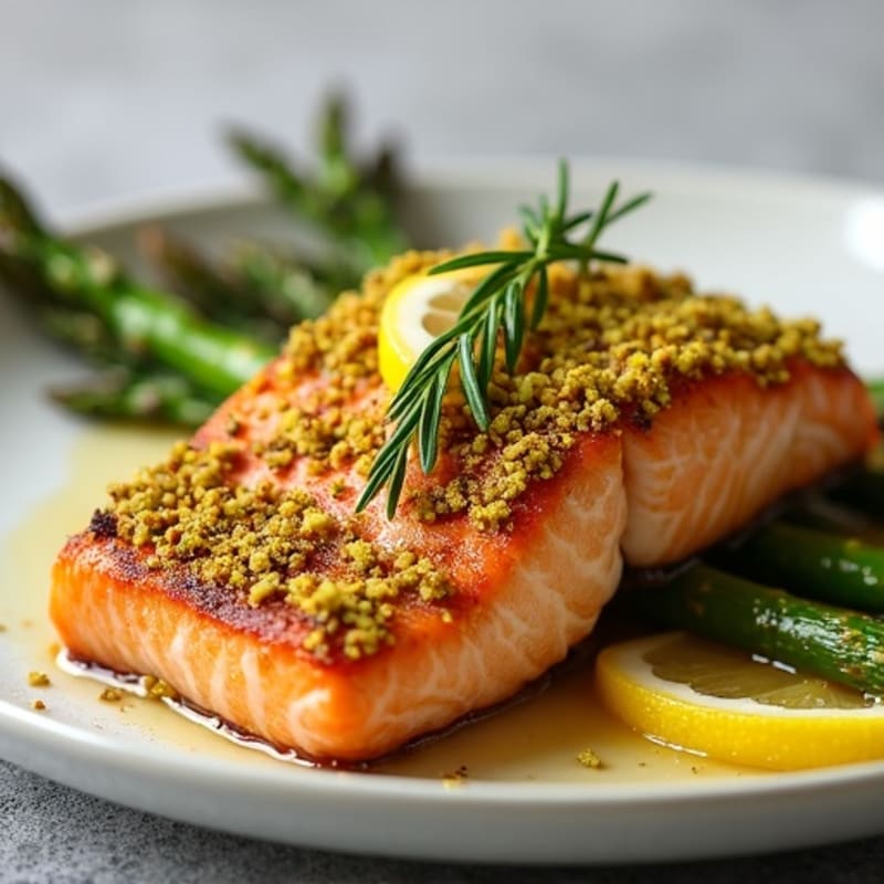 Crispy Pistachio-Crusted Salmon with Roasted Asparagus and Lemon