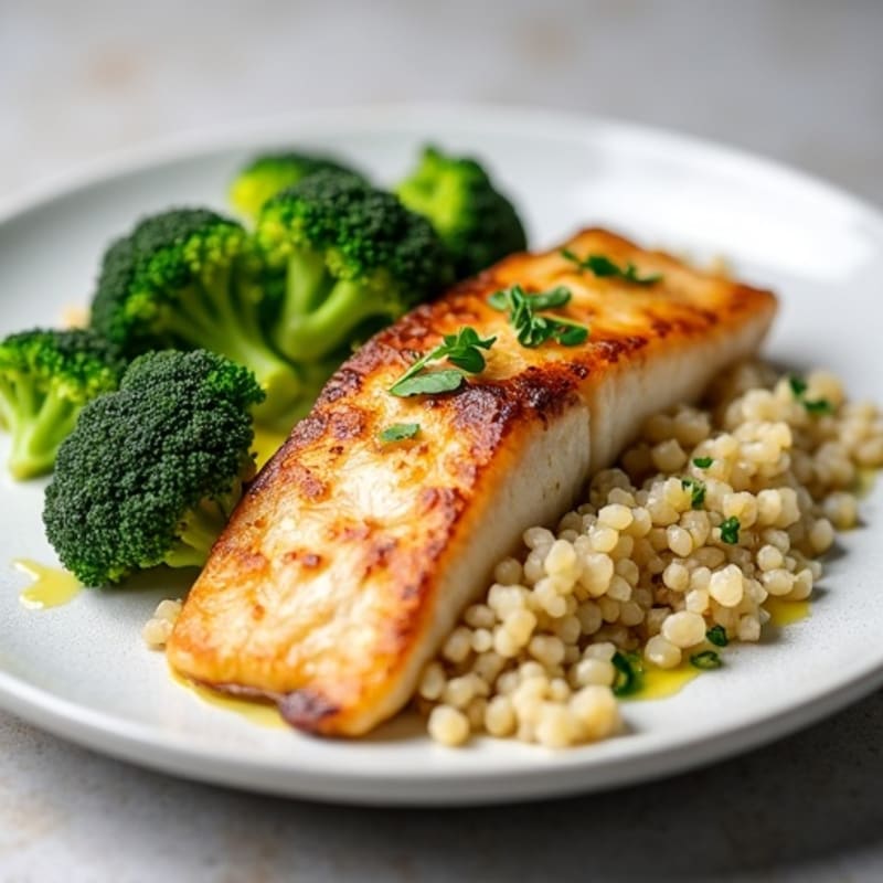 Seared White Fish with Roasted Broccoli and Quinoa