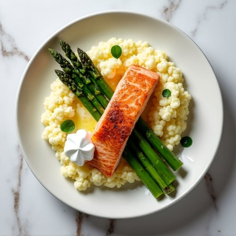 Seared Salmon with Asparagus and Cauliflower Mash