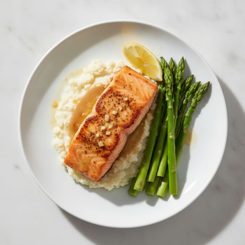 Seared Salmon with Steamed Asparagus and Cauliflower Mash