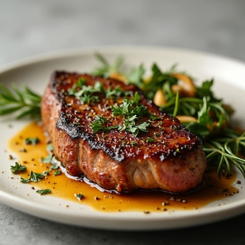 Herb-Crusted Pan-Seared Steak with Roasted Garlic