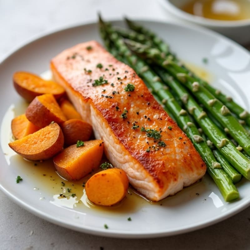 Seared Salmon Fillet with Roasted Sweet Potatoes and Asparagus