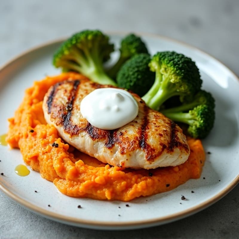 Grilled Chicken Breast with Roasted Broccoli and Sweet Potato Mash
