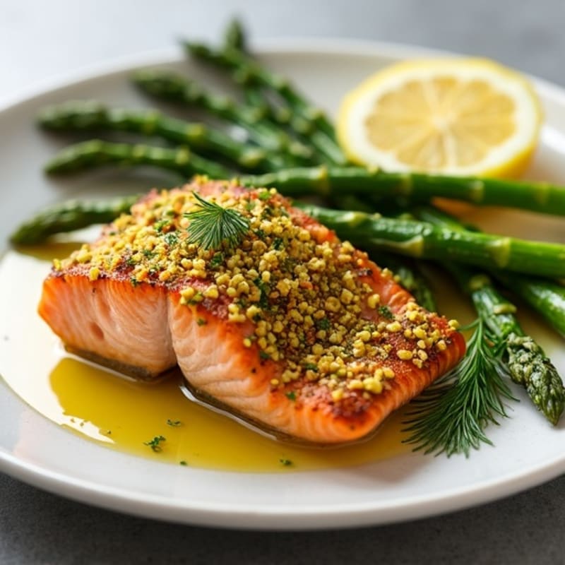 Pistachio-Crusted Flaky Salmon with Lemon-Herb Roasted Asparagus