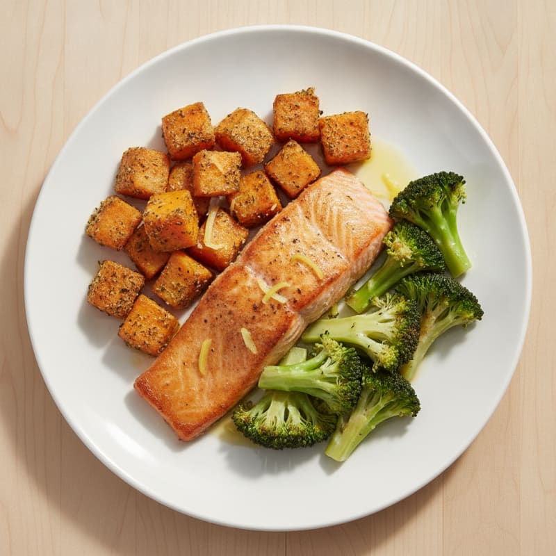 Seared Salmon with Roasted Sweet Potato and Broccoli