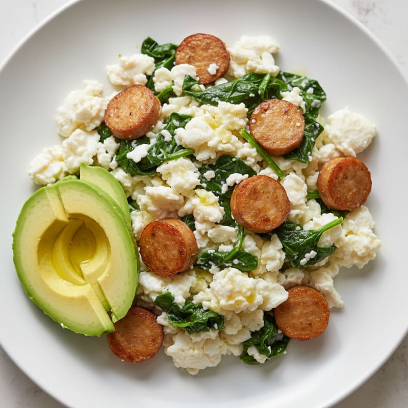 Egg White Scramble with Turkey Sausage and Sautéed Spinach