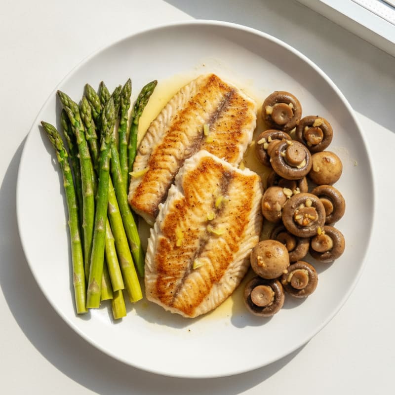 Seared Tilapia with Roasted Asparagus and Garlic Mushrooms