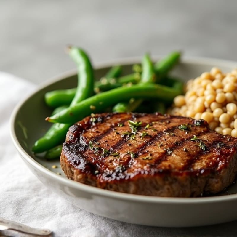 Seared Lean Beef Steak with Garlic Green Beans and Mashed Lentils
