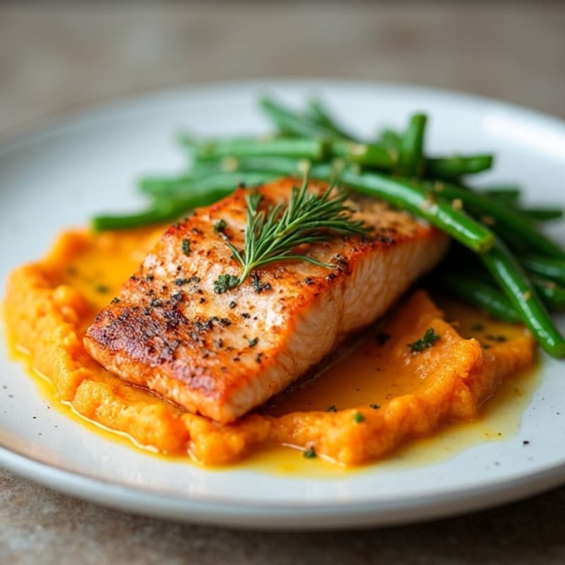 Seared Salmon with Garlic Green Beans and Sweet Potato Mash