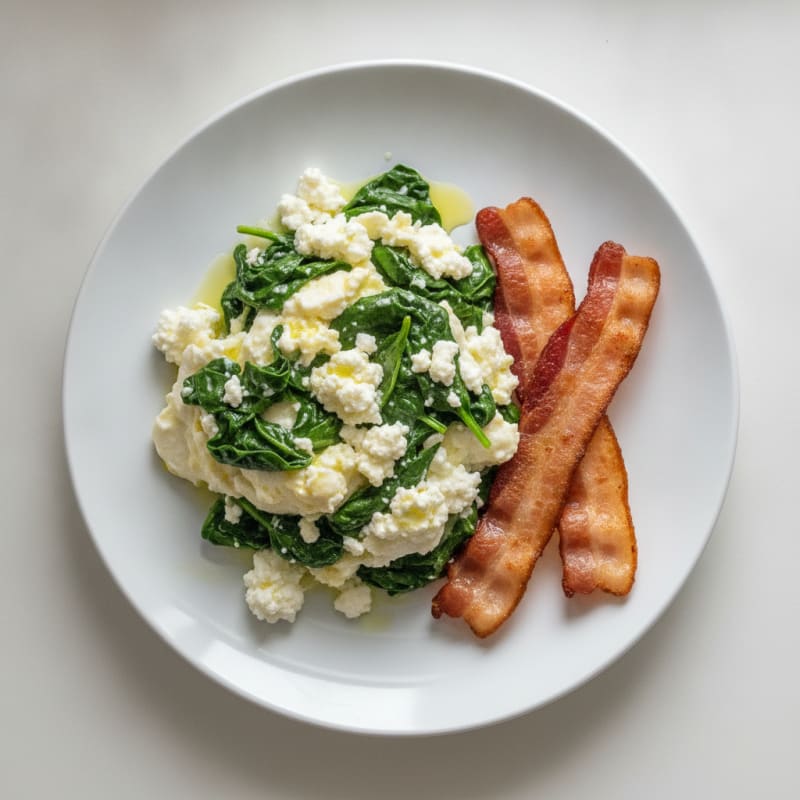 Egg White and Spinach Scramble with Cottage Cheese and Turkey Bacon