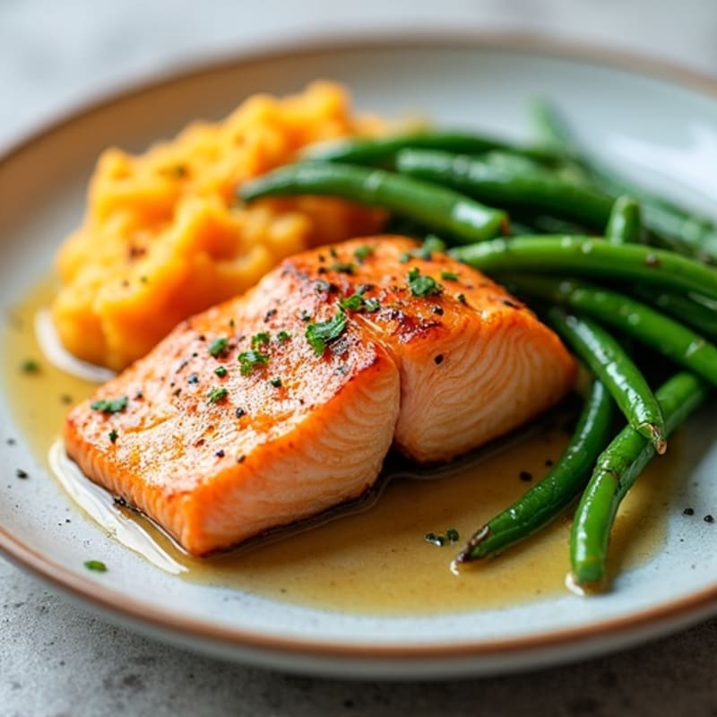 Seared Salmon with Garlic Green Beans and Sweet Potato Mash