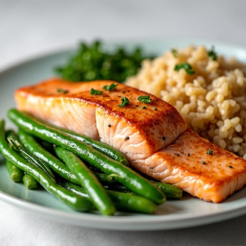 Seared Salmon Fillet with Garlic Green Beans and Brown Rice