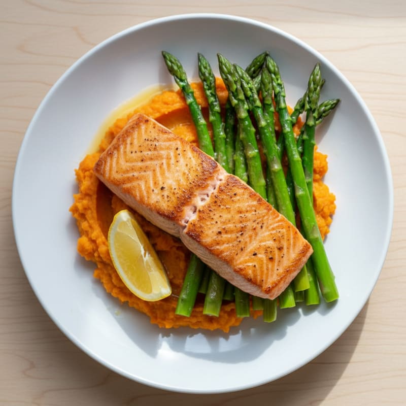 Seared Salmon with Steamed Asparagus and Sweet Potato Mash