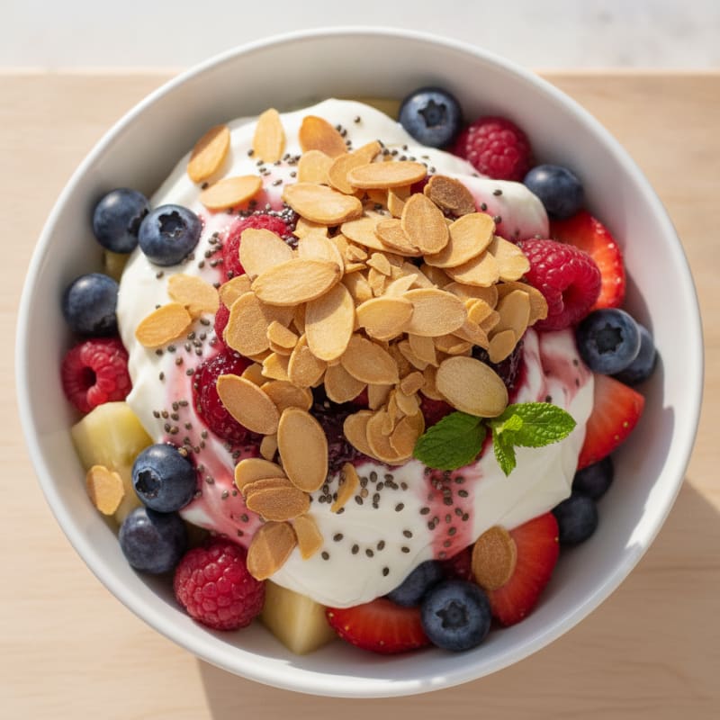 Greek Yogurt Parfait with Mixed Berries, Chia Seeds, and Sliced Almonds