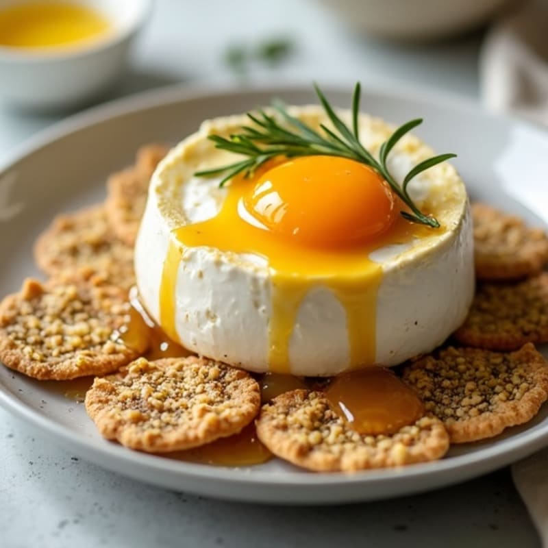 Honey-Drizzled Baked Brie with Rosemary Seed Crackers