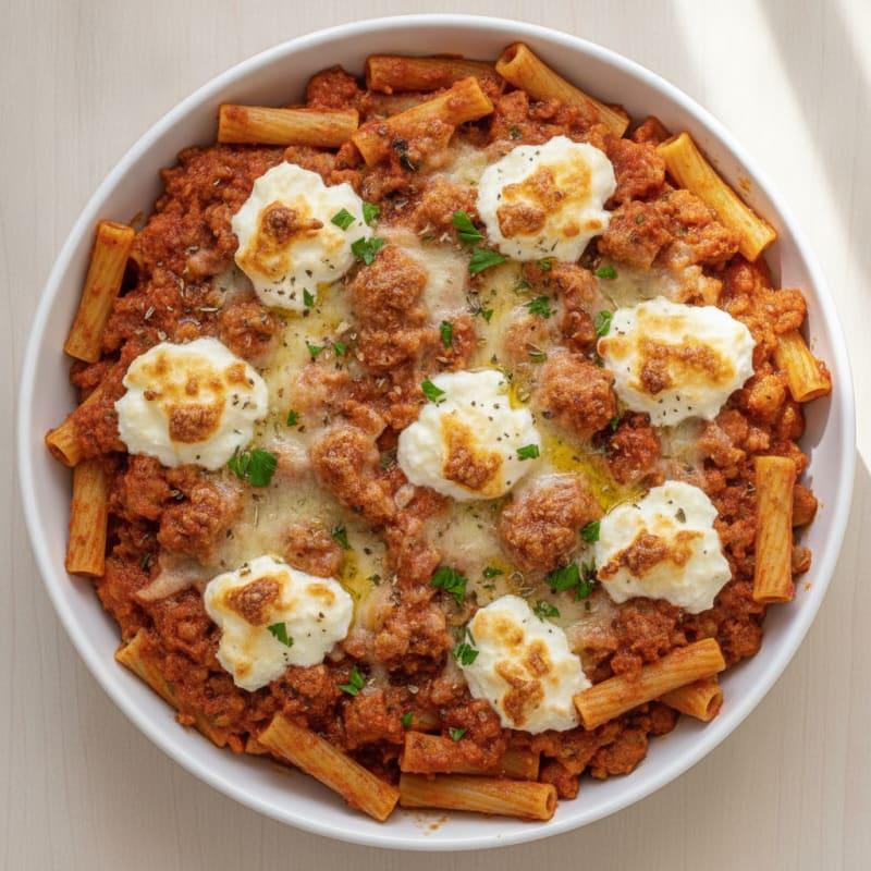 TVP Baked Ziti with Garlic Herb Ricotta