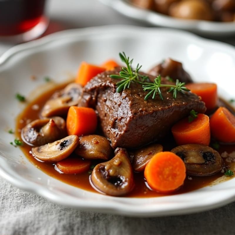 Tender Braised Beef with Red Wine, Mushrooms, and Carrots
