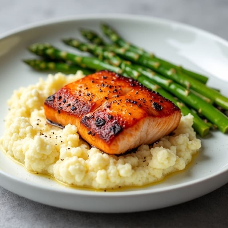 Seared Salmon with Steamed Asparagus and Cauliflower Mash