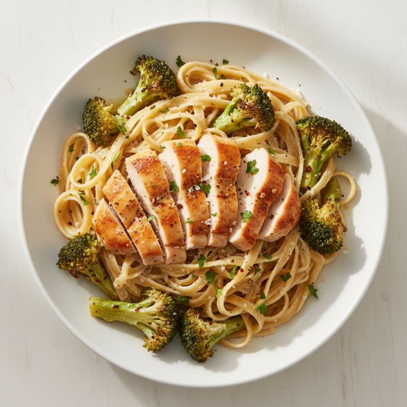 Garlic Chicken Fettuccine with Roasted Broccoli