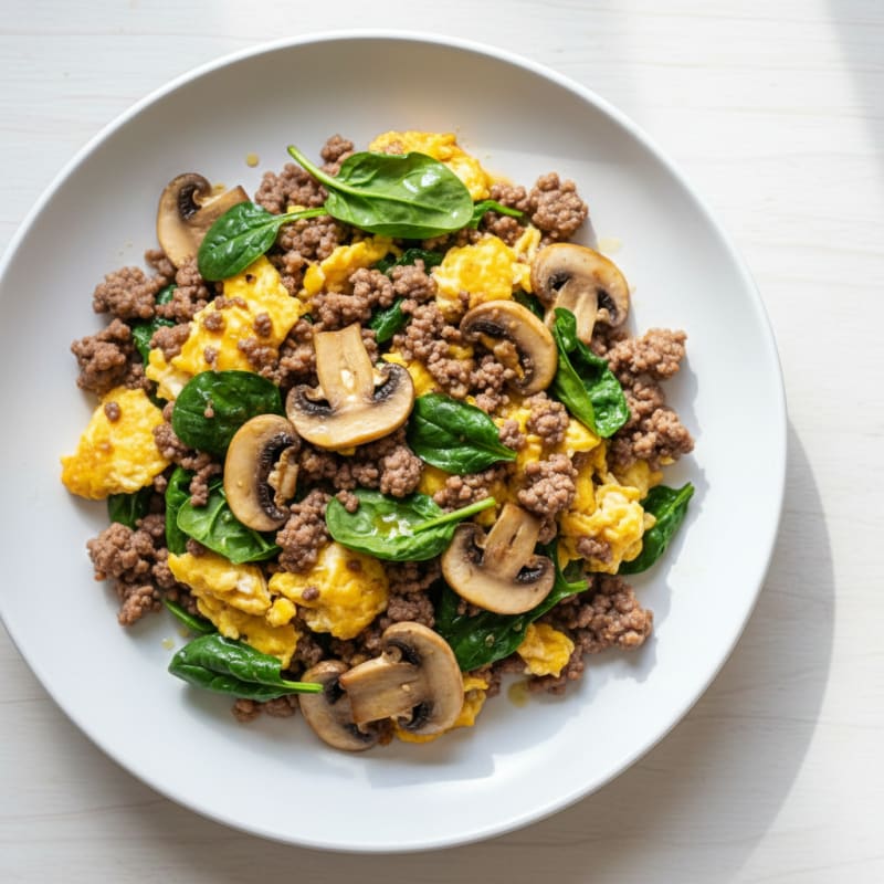 Beef and Spinach Scramble with Sautéed Mushrooms