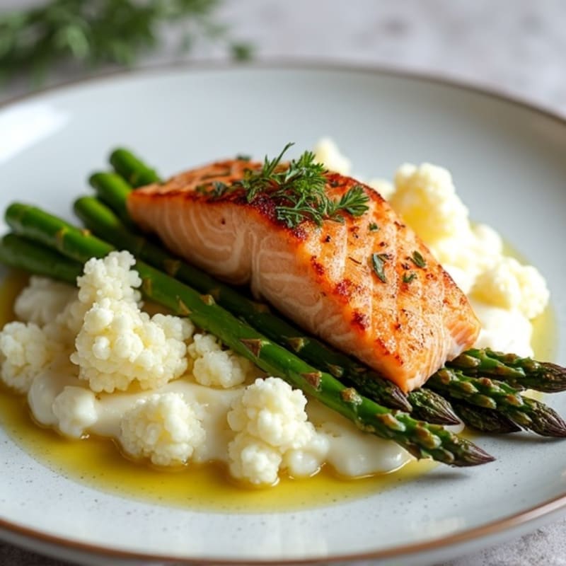 Seared Salmon with Roasted Asparagus and Cauliflower Mash