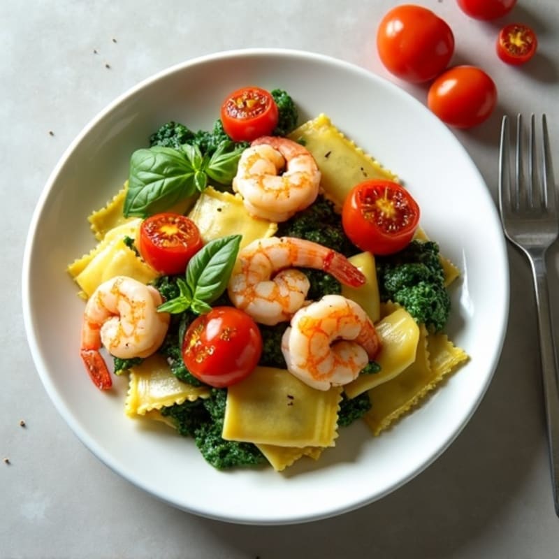 Spinach Ravioli with Garlicky Shrimp and Roasted Cherry Tomatoes