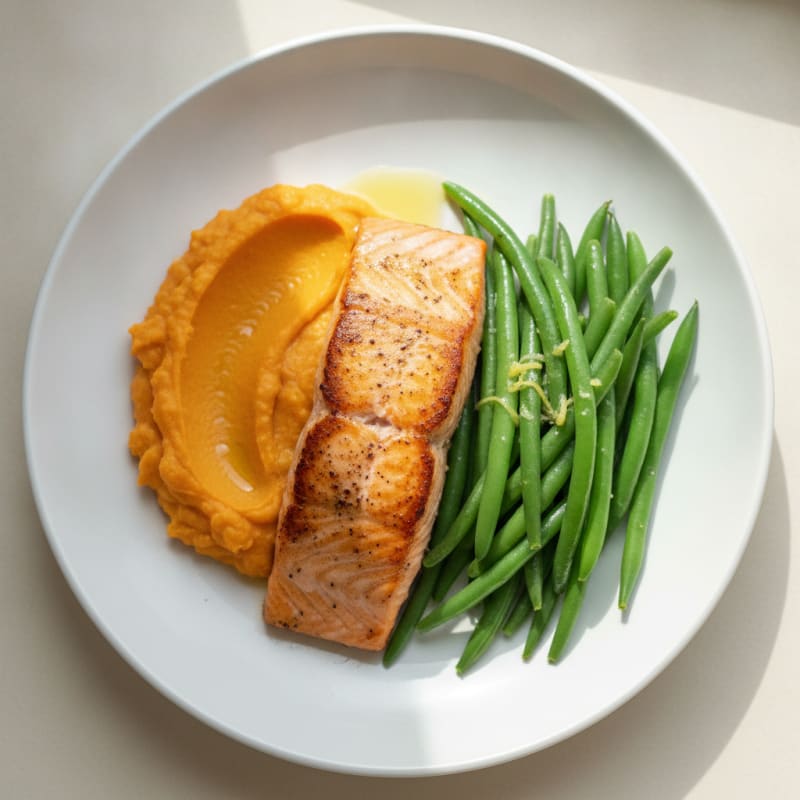 Seared Salmon with Steamed Green Beans and Sweet Potato Mash