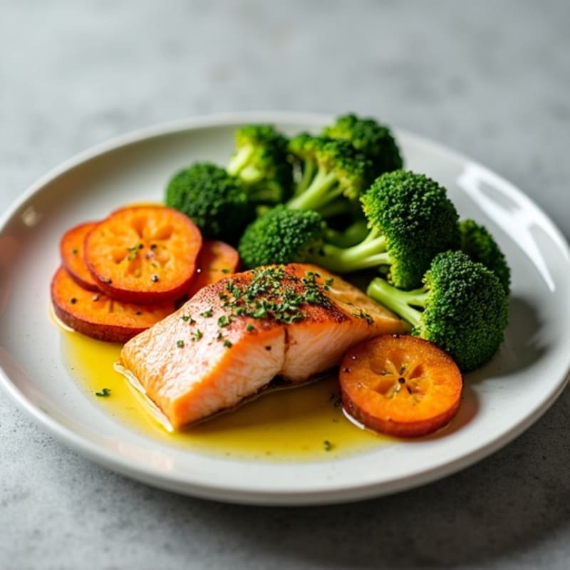 Seared Salmon with Roasted Sweet Potato and Steamed Broccoli