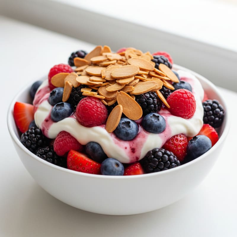 Greek Yogurt Protein Parfait with Mixed Berries and Almonds