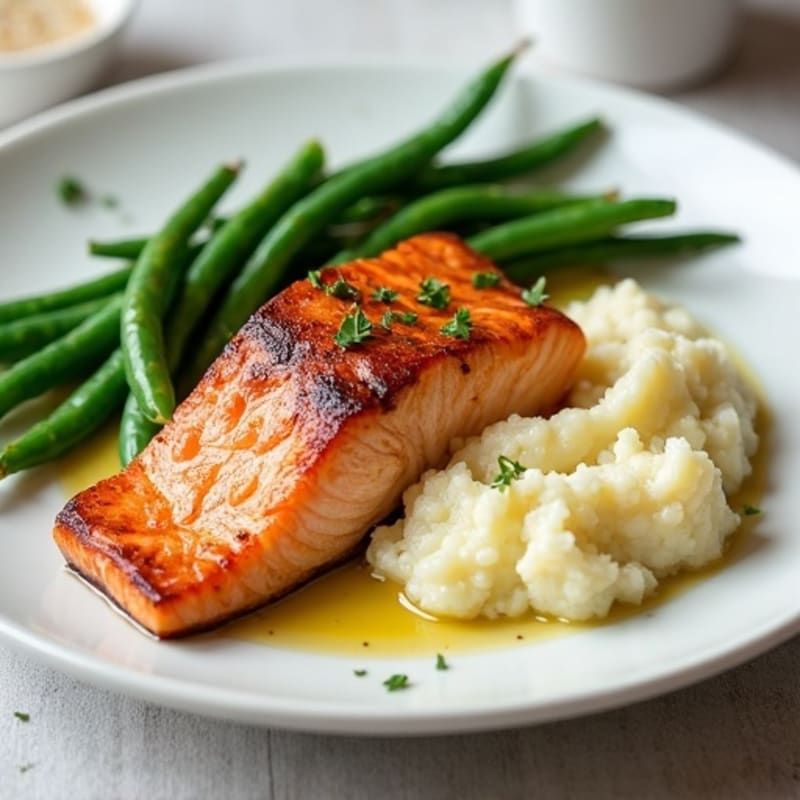 Seared Salmon with Garlic Green Beans and Cauliflower Mash