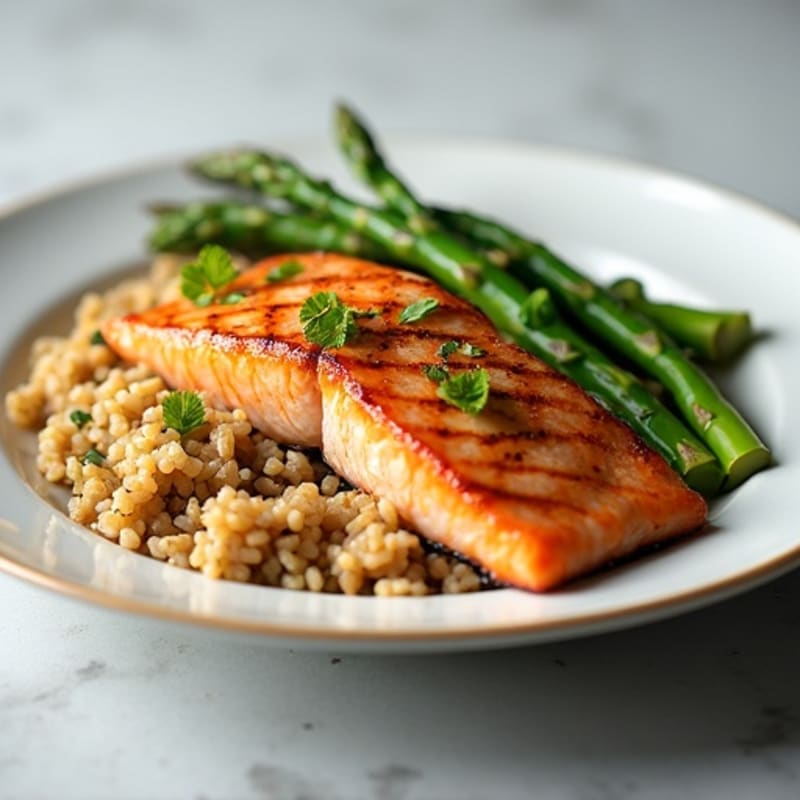 Seared Salmon with Steamed Asparagus and Brown Rice