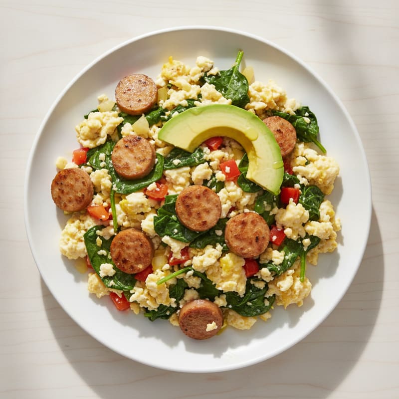 Egg White and Turkey Sausage Scramble with Sautéed Spinach