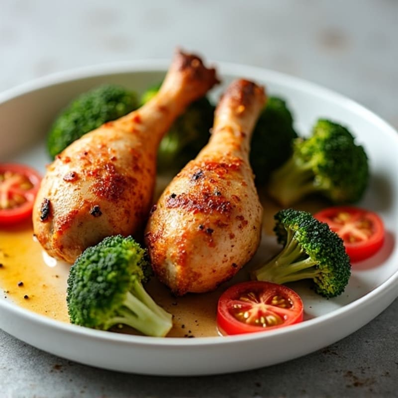 Crispy Roasted Chicken Legs with Roasted Broccoli and Fresh Tomatoes